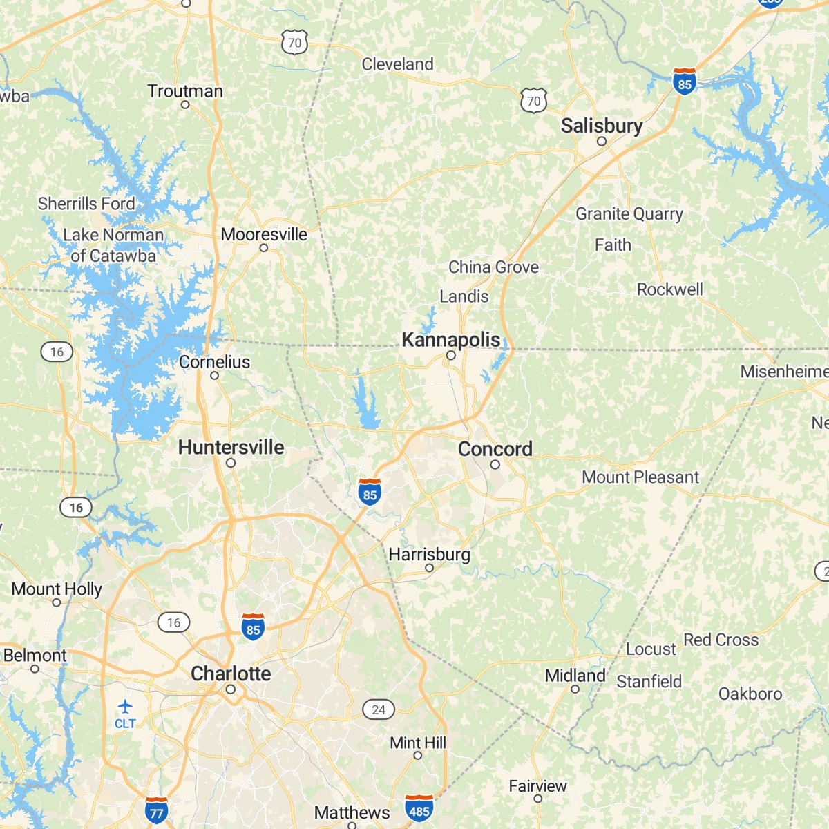 Street map from Salisbury to Charlotte showing Kannapolis, Concord, Huntersville, Mooresville and nearby towns